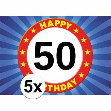 5x 50 jaar stopbord thema stickers 7,5 x 10,5 cm