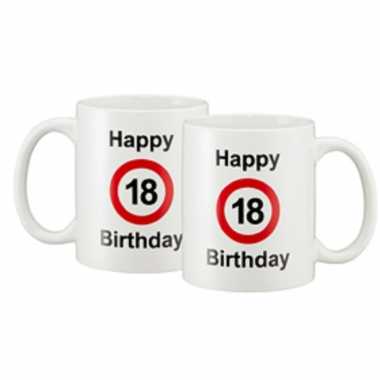 Happy 18 birthday verkeersbord cadeau mok / beker wit 330 ml