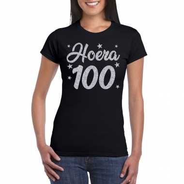 Hoera 100 jaar verjaardag cadeau t-shirt zilver glitter op zwart dames