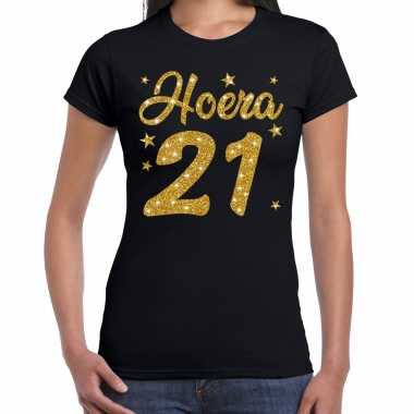 Hoera 21 jaar verjaardag cadeau t-shirt goud glitter op zwart dames