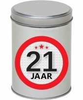 Cadeau kado zilver rond blik 21 jaar 13 cm