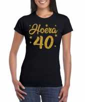 Hoera 40 jaar verjaardag cadeau t-shirt goud glitter op zwart dames
