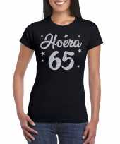 Hoera 65 jaar verjaardag cadeau t-shirt zilver glitter op zwart dames