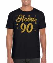 Hoera 90 jaar verjaardag cadeau t-shirt goud glitter op zwart heren